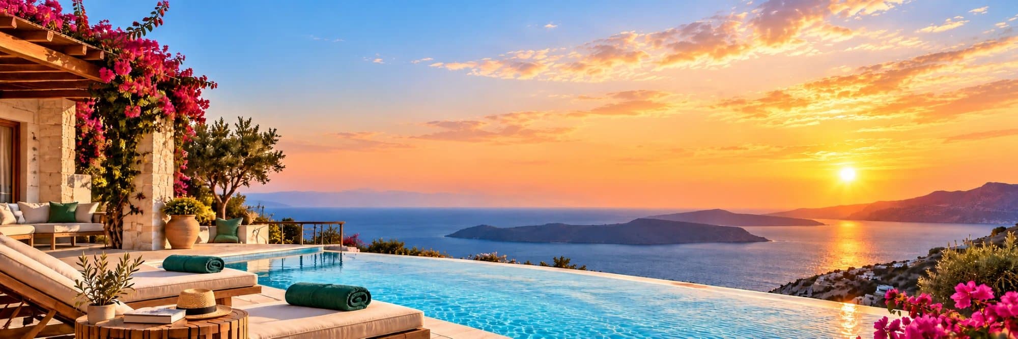 Infinity pool and sun loungers on a terrace with bougainvillea, overlooking the sea and islands at sunset